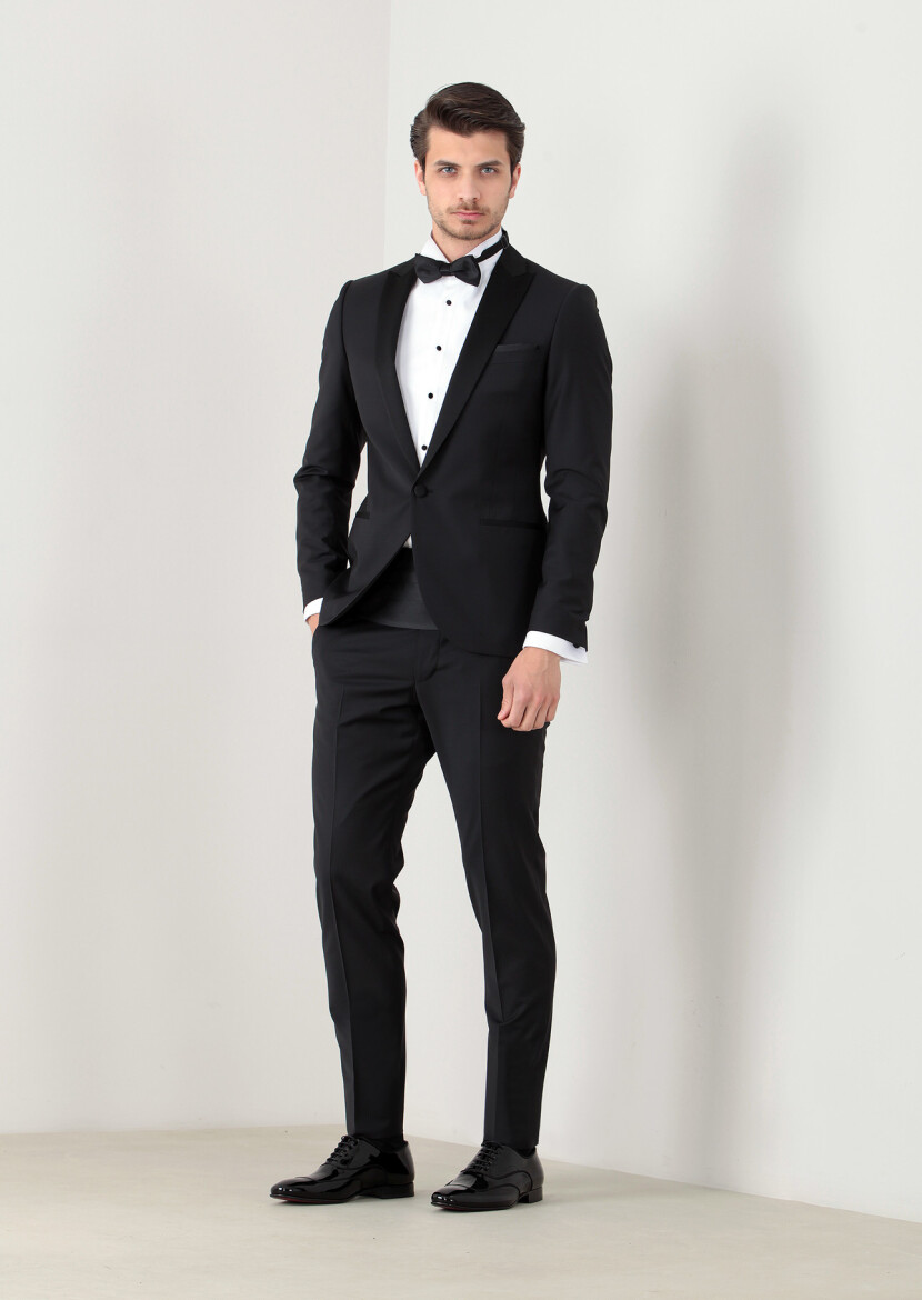 Black Fashion Slim Fit Double Breasted Collar Weaving Tuxedo - 2