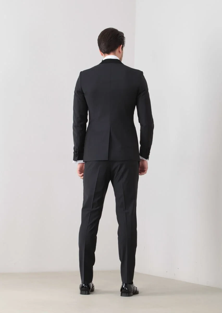 Black Fashion Slim Fit Double Breasted Collar Weaving Tuxedo - 4