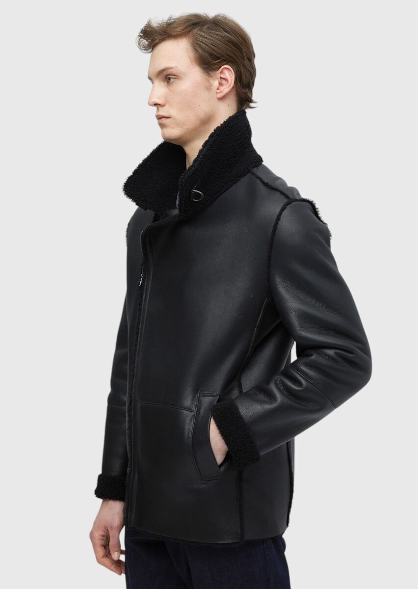 Black Fur Leather Coat - 3