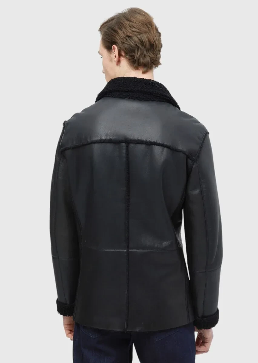 Black Fur Leather Coat - 8