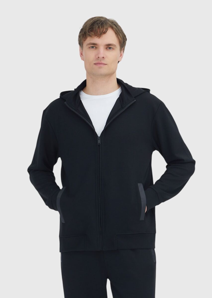 Black Hooded Plain Sweatshirt - 1