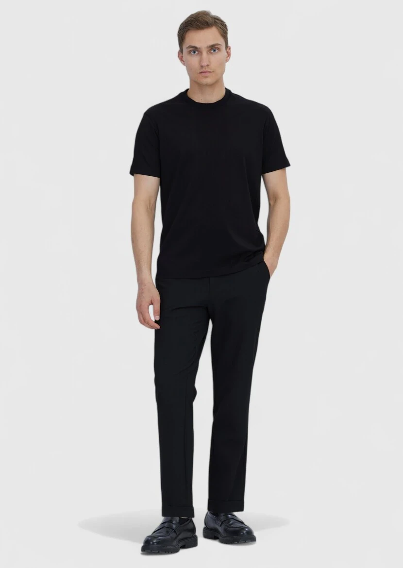 Black Jacquard Crew Neck 100% Cotton T-Shirt 
