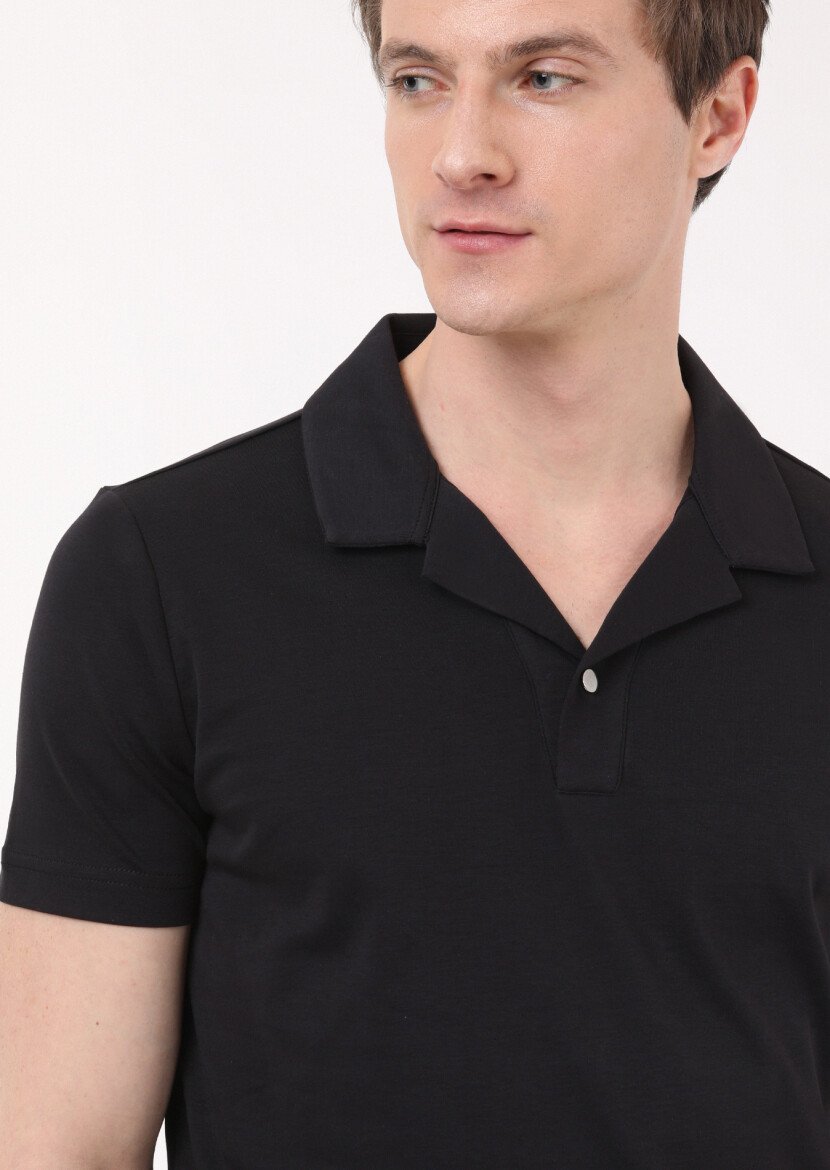 Black Jacquard Cuban Collar 100% Cotton T-Shirt 