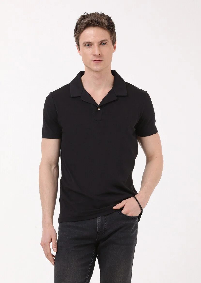 Black Jacquard Cuban Collar 100% Cotton T-Shirt - 3