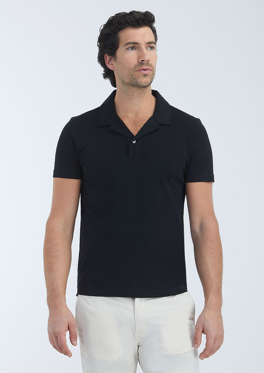 Black Jacquard Cuban Collar 100% Cotton T-Shirt - 2