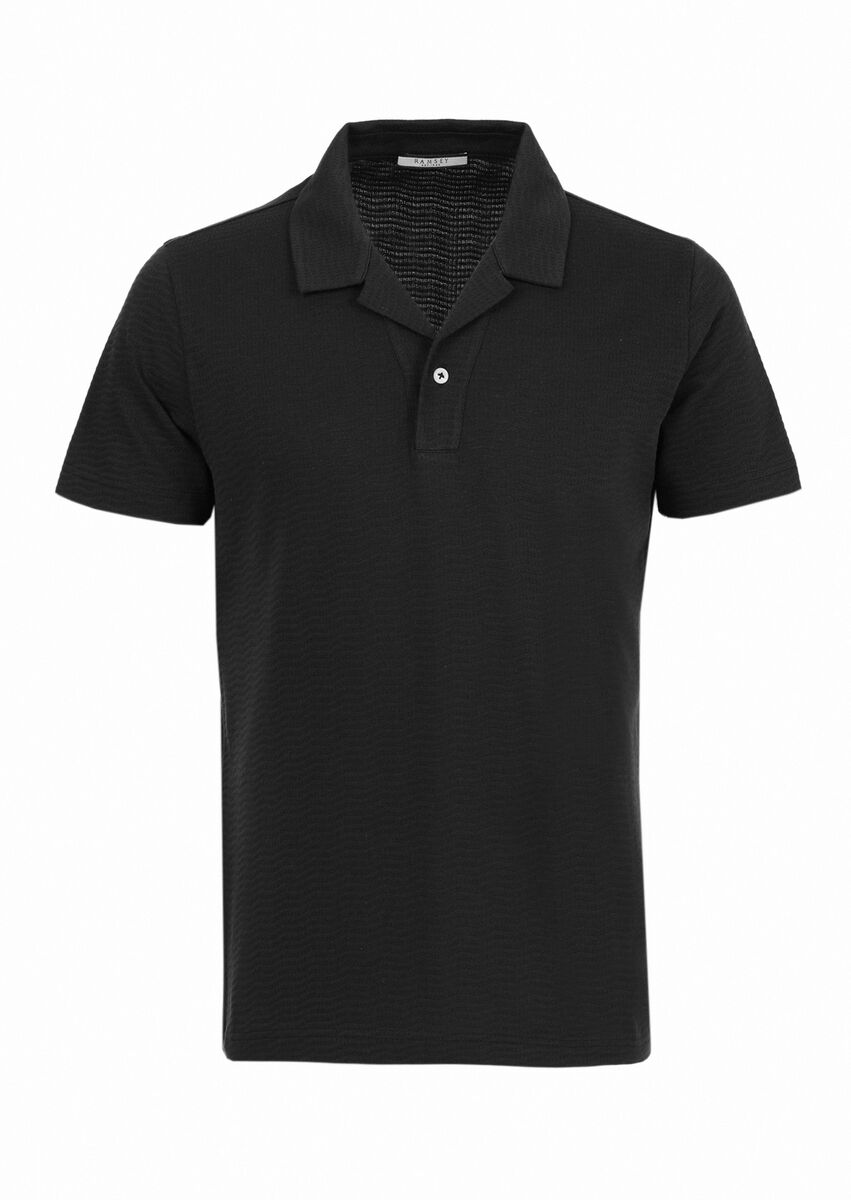 Black Jacquard Cuban Collar 100% Cotton T-Shirt - 6