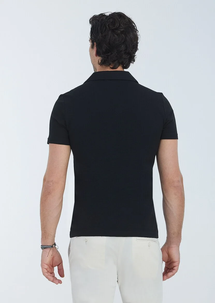 Black Jacquard Cuban Collar 100% Cotton T-Shirt - 5