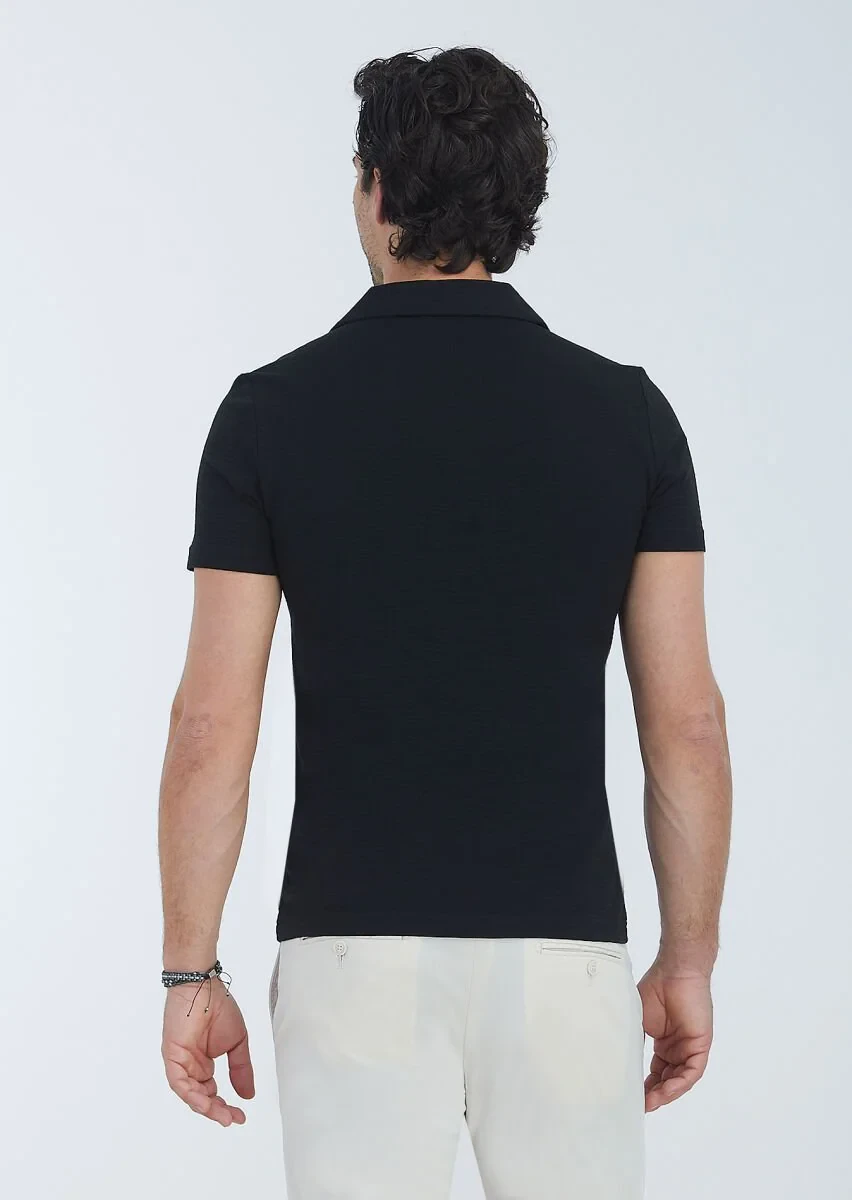 Black Jacquard Cuban Collar 100% Cotton T-Shirt - 5