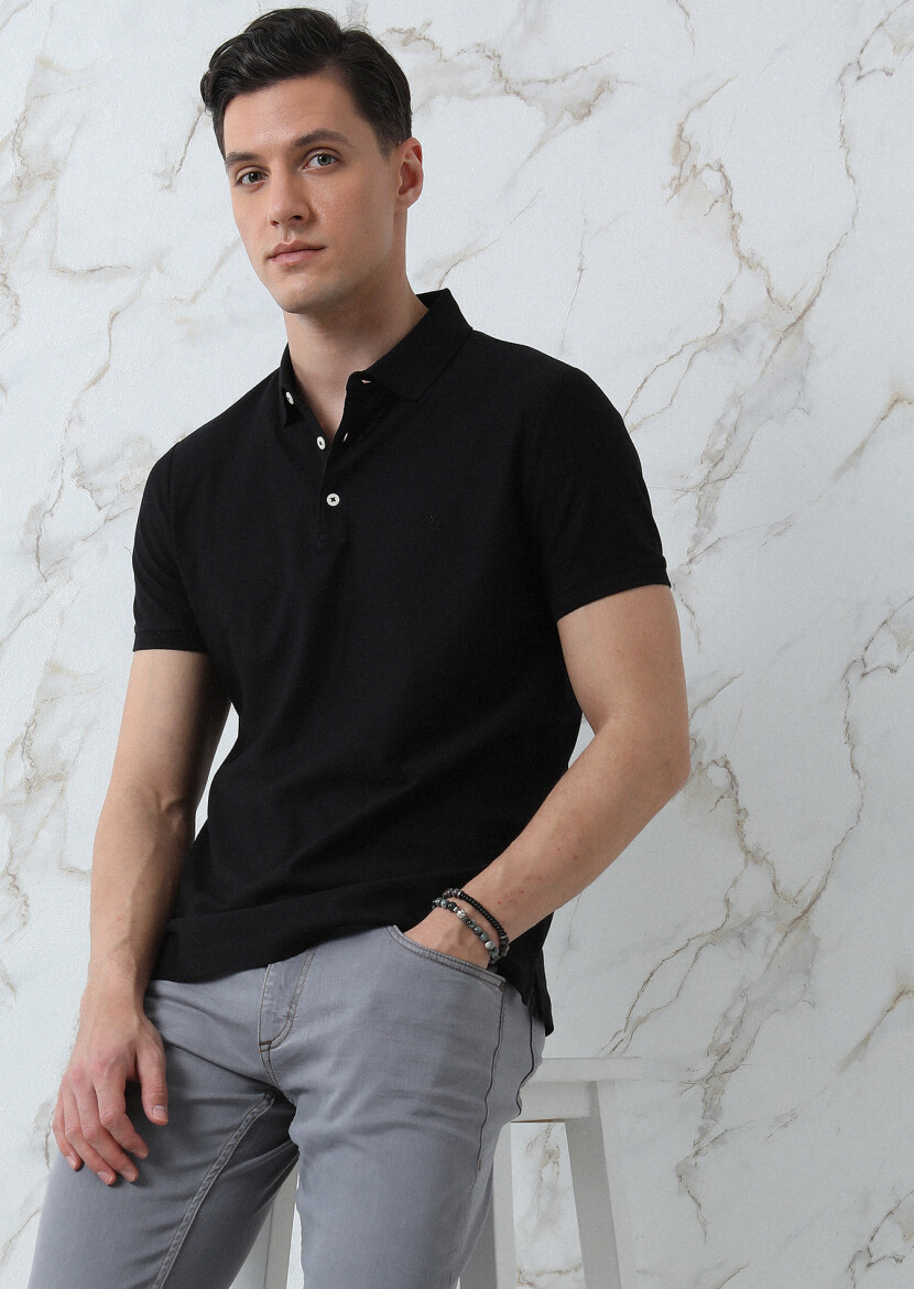 Black Jacquard Polo Neck 100% Cotton T-Shirt - 2