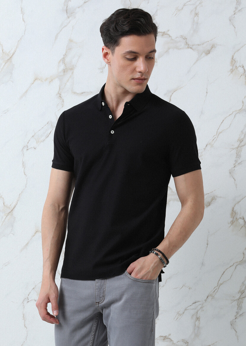 Black Jacquard Polo Neck 100% Cotton T-Shirt - 3