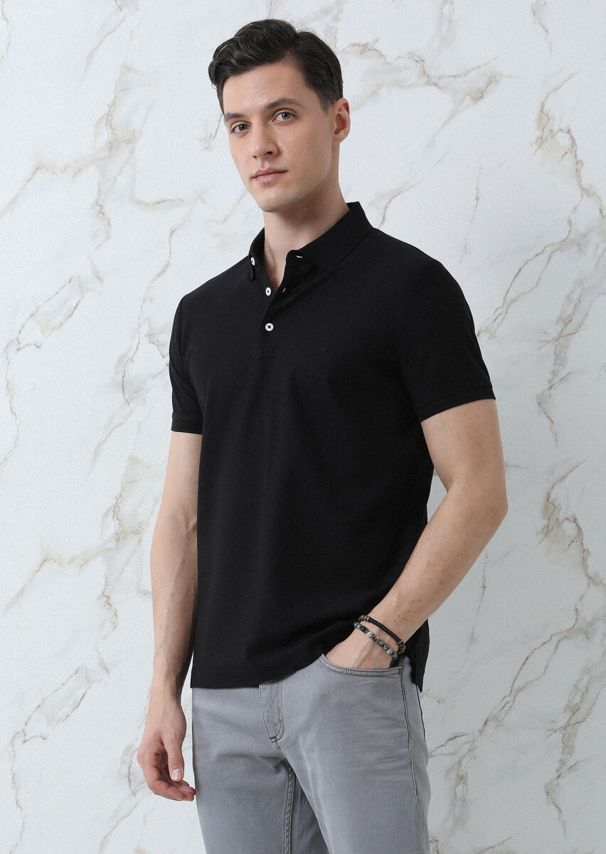 Black Jacquard Polo Neck 100% Cotton T-Shirt - 4