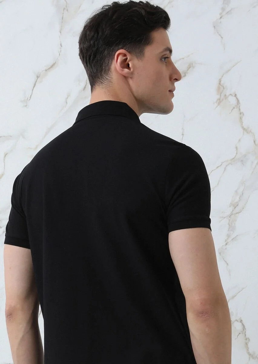 Black Jacquard Polo Neck 100% Cotton T-Shirt - 5