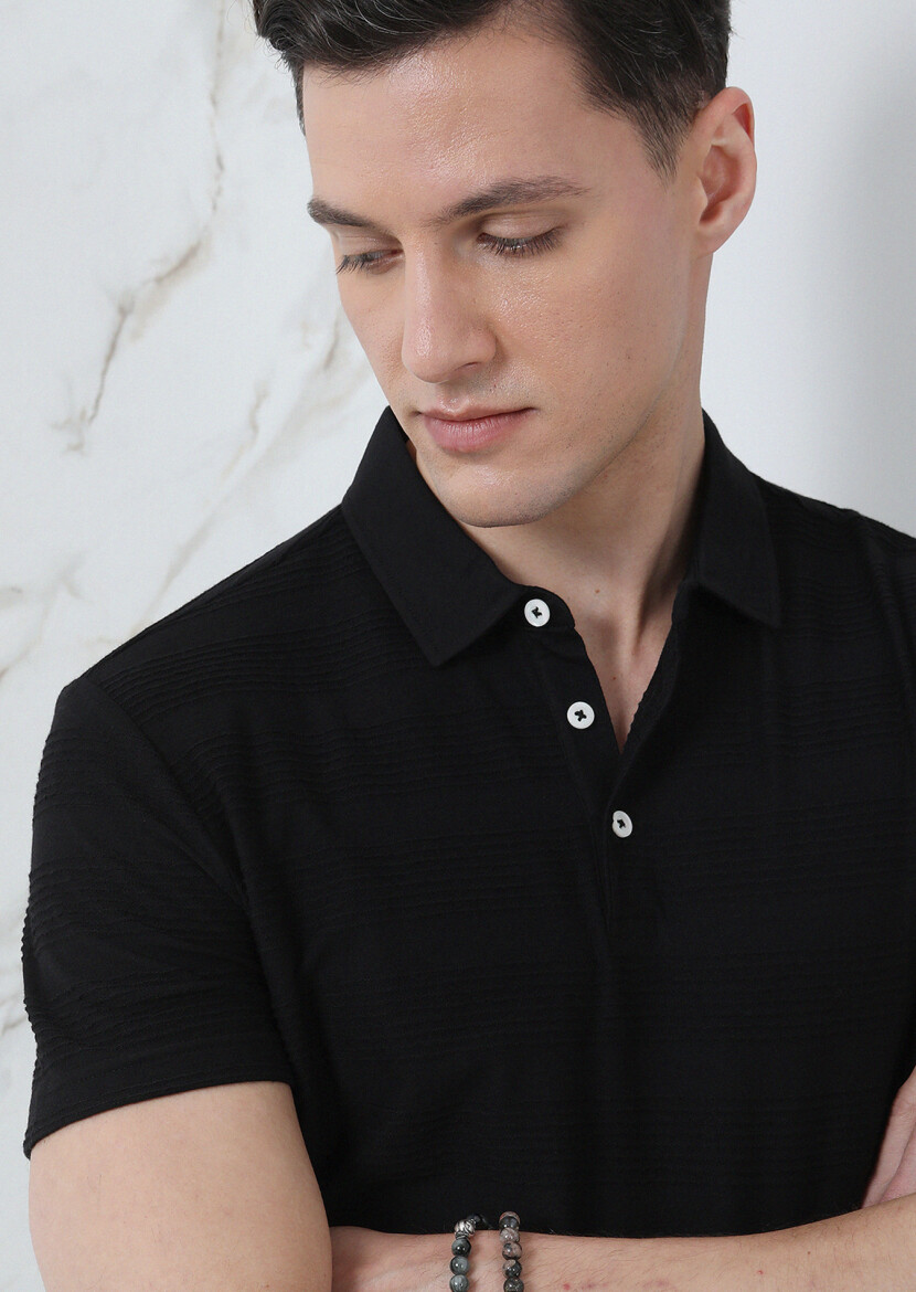 Black Jacquard Polo Neck 100% Cotton T-Shirt - 3