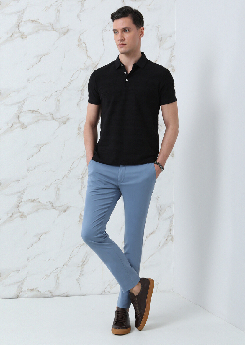 Black Jacquard Polo Neck 100% Cotton T-Shirt - 4