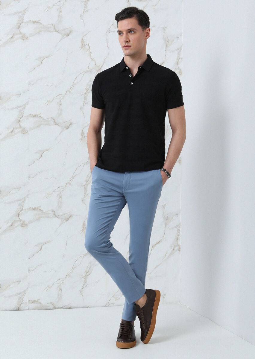 Black Jacquard Polo Neck 100% Cotton T-Shirt - 4