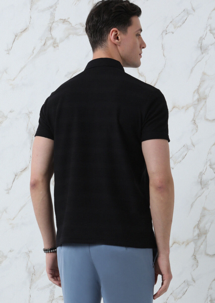Black Jacquard Polo Neck 100% Cotton T-Shirt - 5