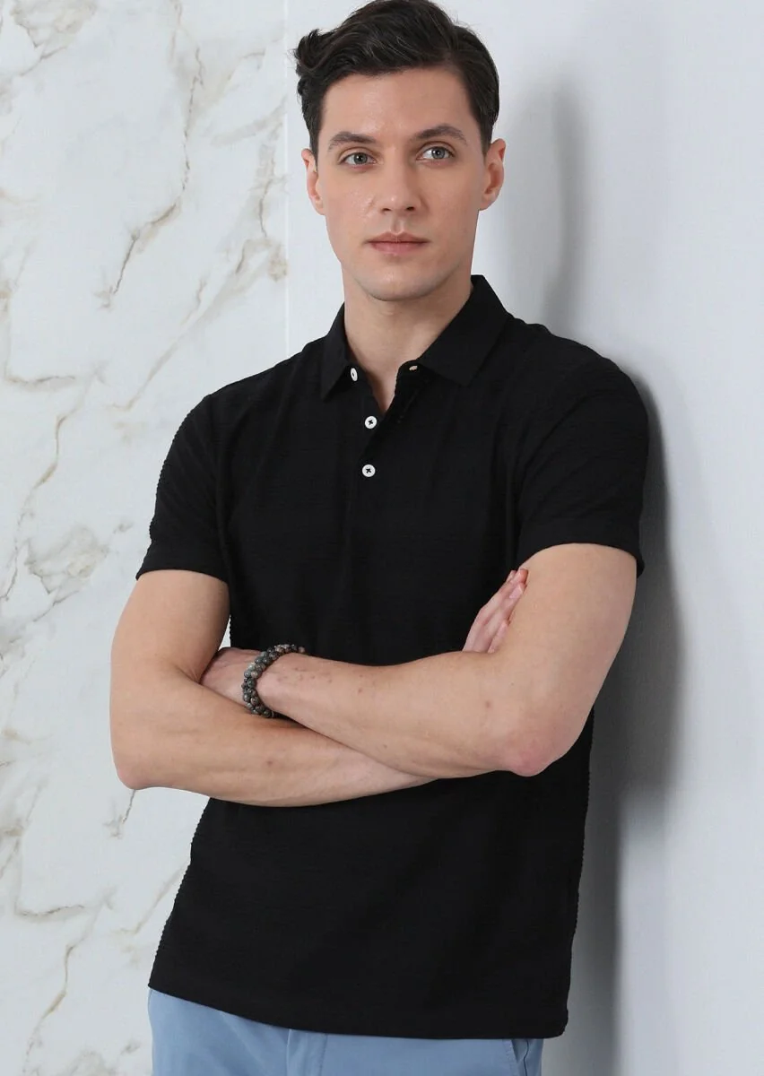 Black Jacquard Polo Neck 100% Cotton T-Shirt - 1