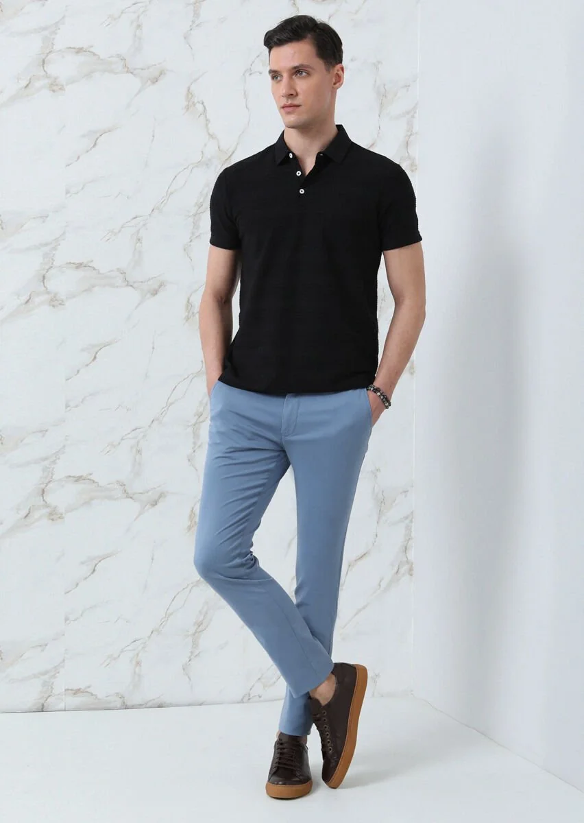 Black Jacquard Polo Neck 100% Cotton T-Shirt - 4