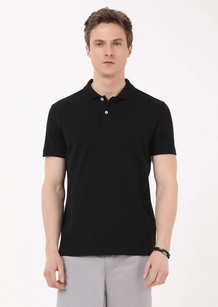 Black Jacquard Polo Neck 100% Cotton T-Shirt - 1