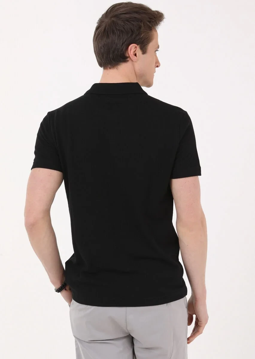 Black Jacquard Polo Neck 100% Cotton T-Shirt - 4