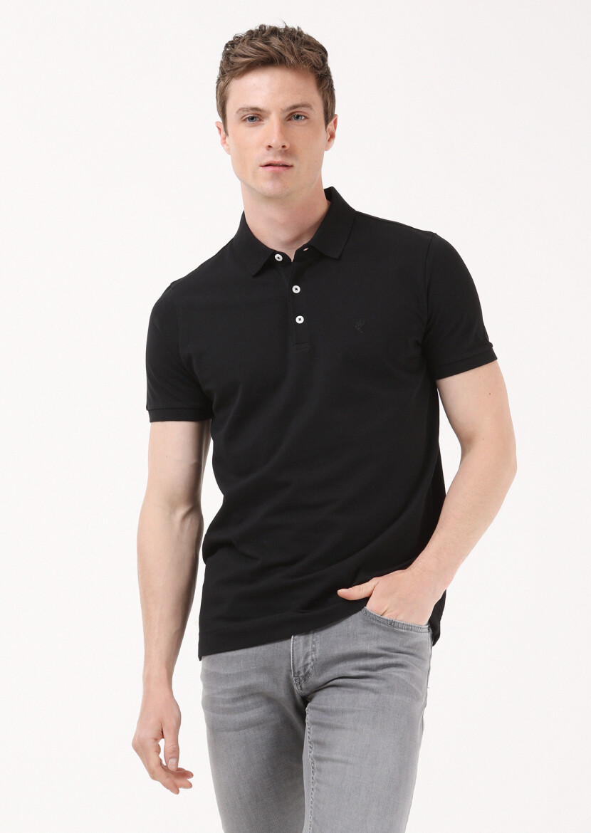 Black Jacquard Polo Neck 100% Cotton T-Shirt - 3