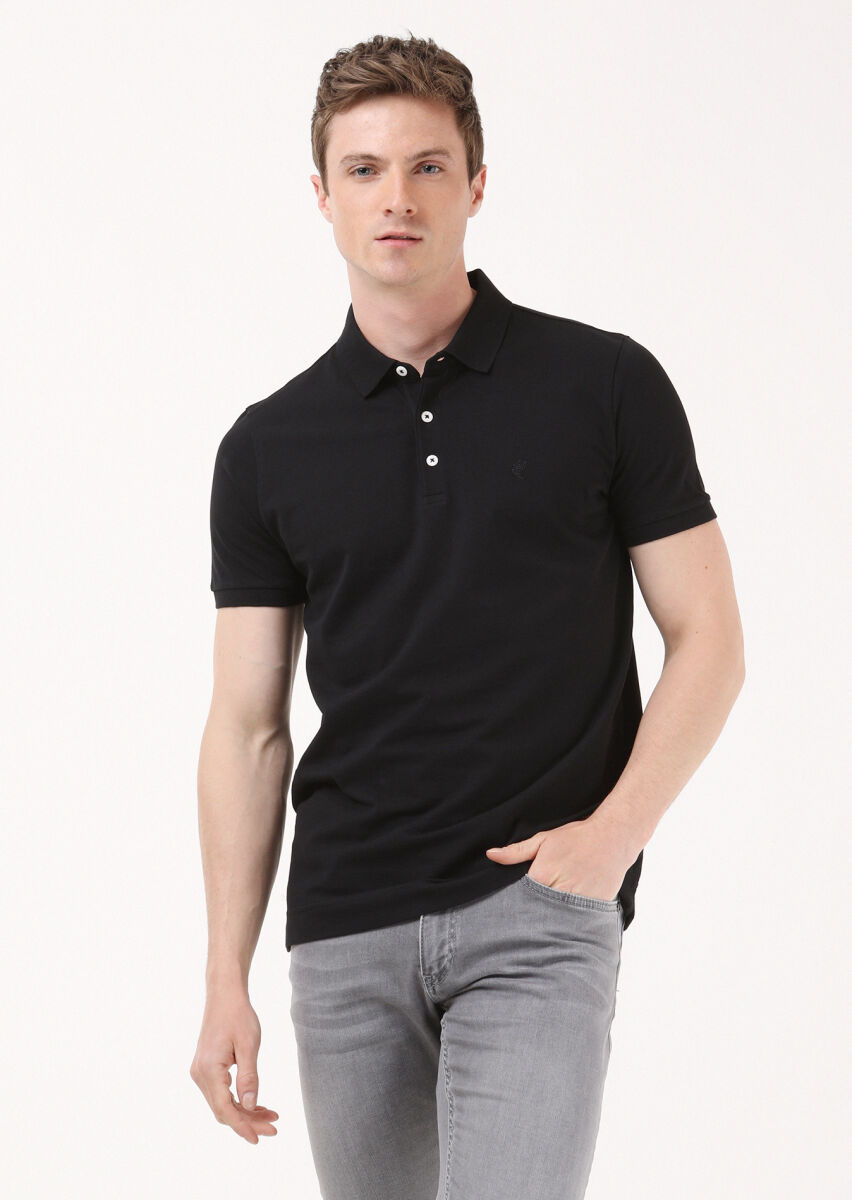 Black Jacquard Polo Neck 100% Cotton T-Shirt - 3