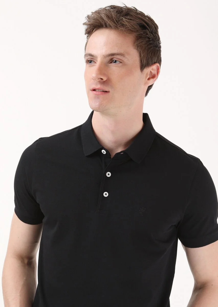 Black Jacquard Polo Neck 100% Cotton T-Shirt - 2
