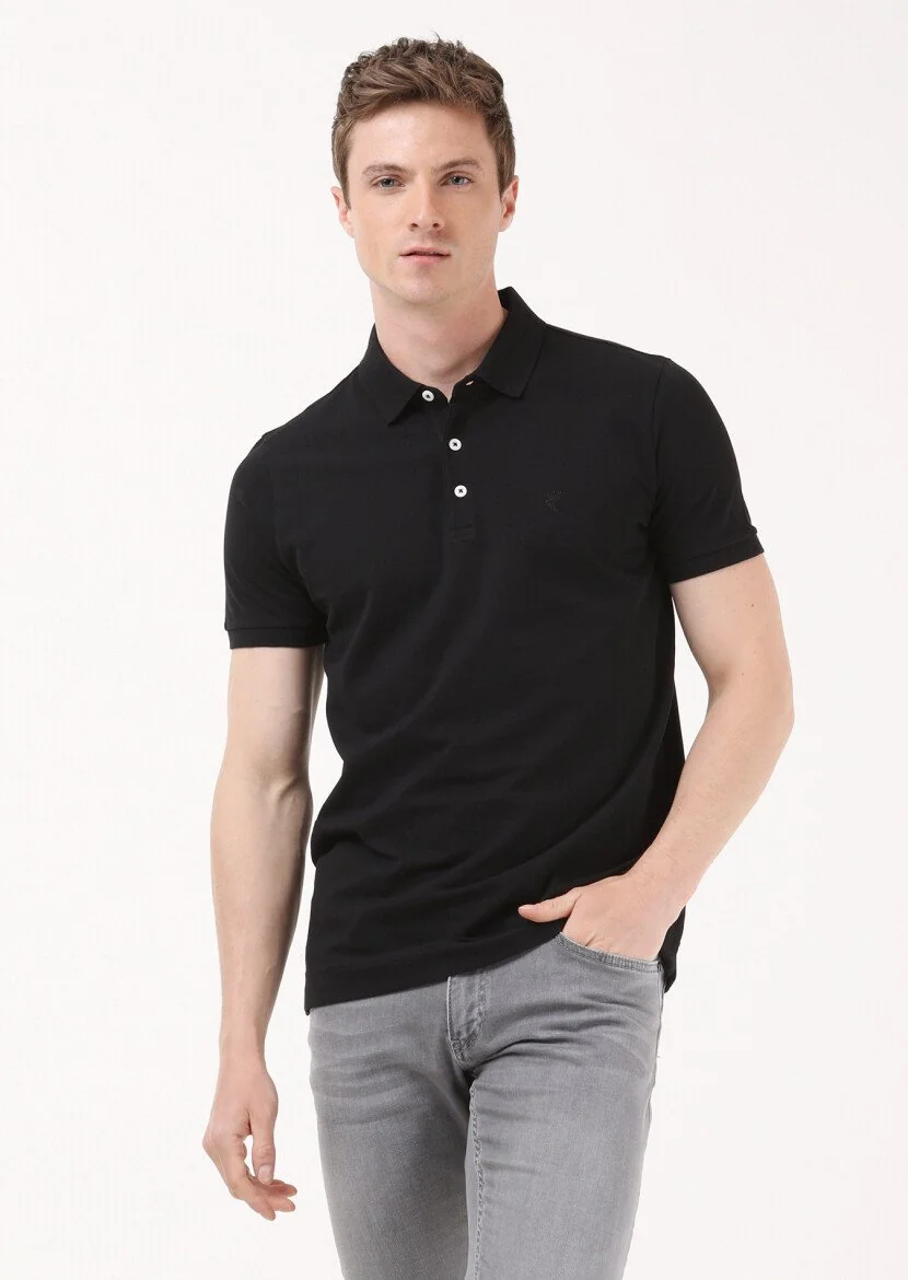 Black Jacquard Polo Neck 100% Cotton T-Shirt - 3