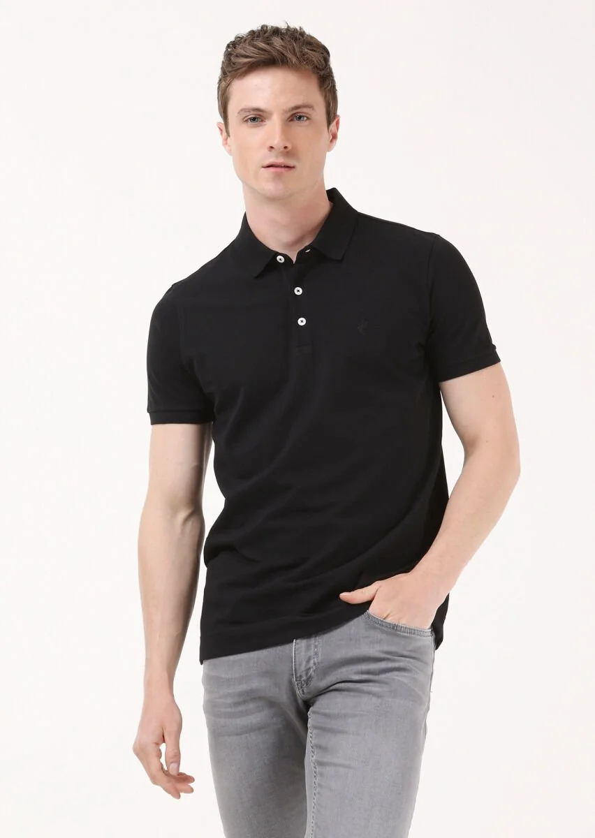 Black Jacquard Polo Neck 100% Cotton T-Shirt - 3