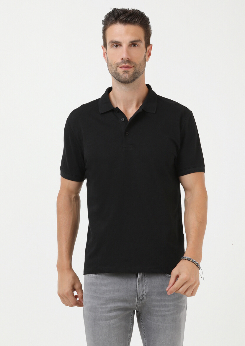 Black Jacquard Polo Neck 100% Cotton T-Shirt - 1