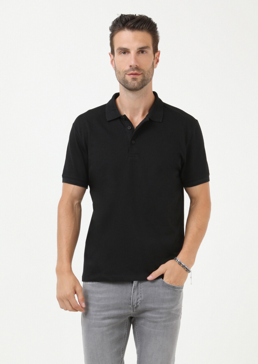 Black Jacquard Polo Neck 100% Cotton T-Shirt 