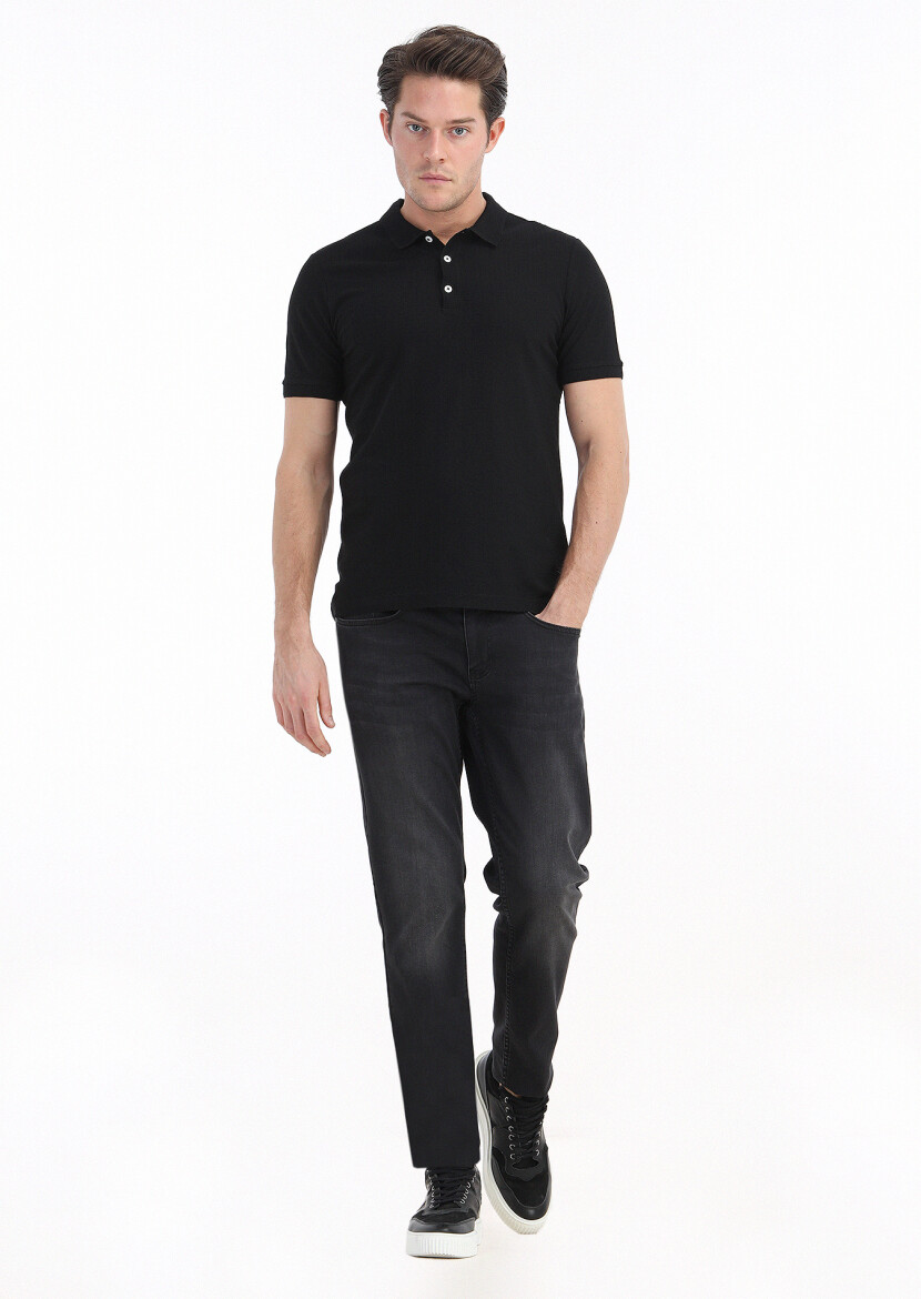 Black Jacquard Polo Neck 100% Cotton T-Shirt - 1