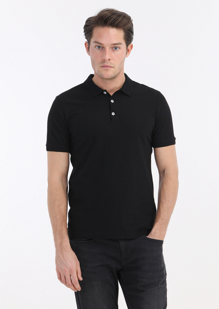 Black Jacquard Polo Neck 100% Cotton T-Shirt - 2