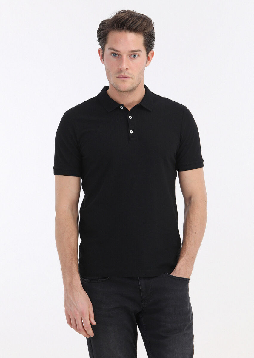 Black Jacquard Polo Neck 100% Cotton T-Shirt - 2