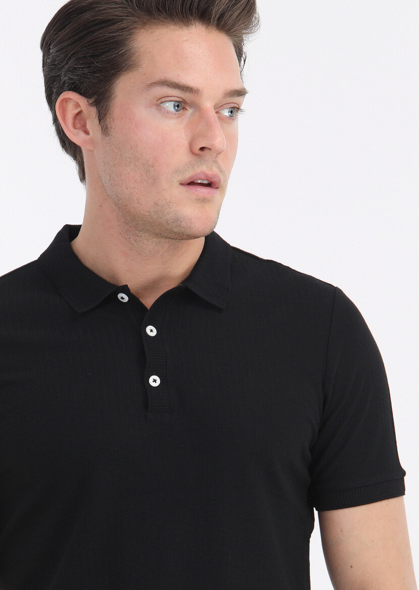 Black Jacquard Polo Neck 100% Cotton T-Shirt - 3