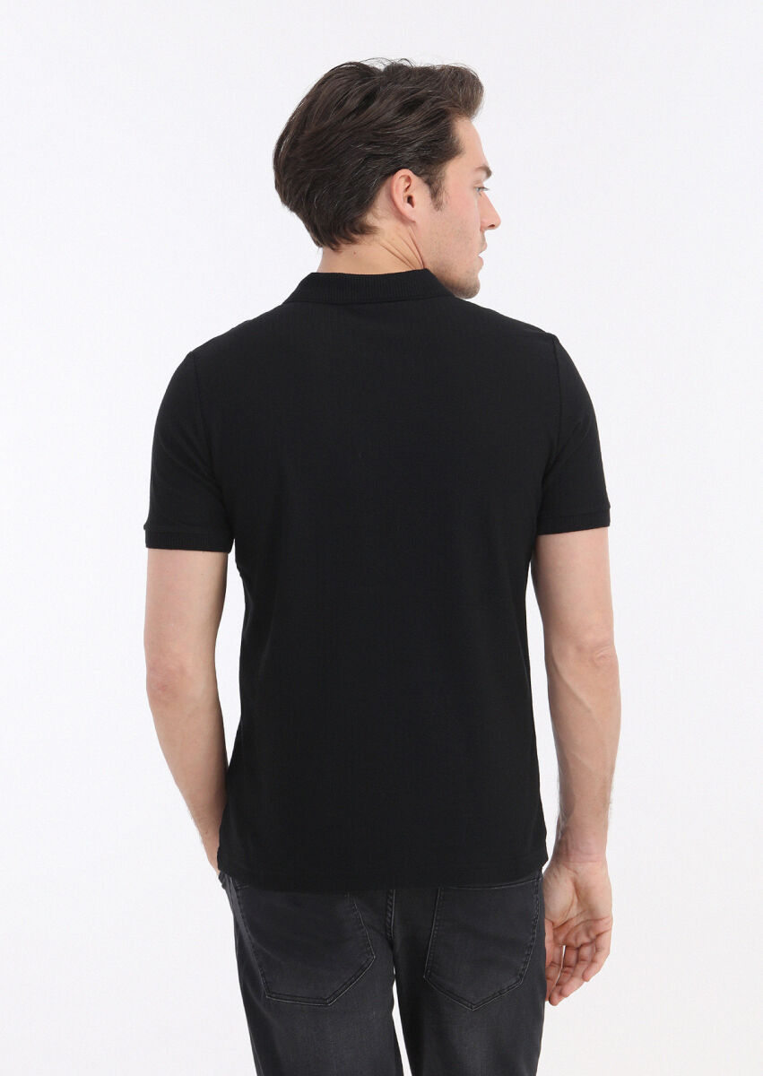 Black Jacquard Polo Neck 100% Cotton T-Shirt - 4