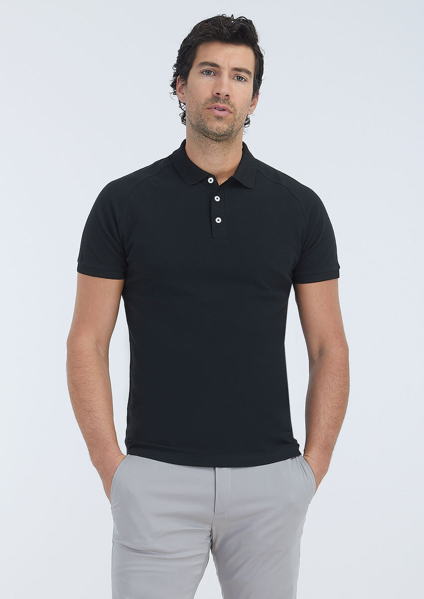 Black Jacquard Polo Neck 100% Cotton T-Shirt - 2