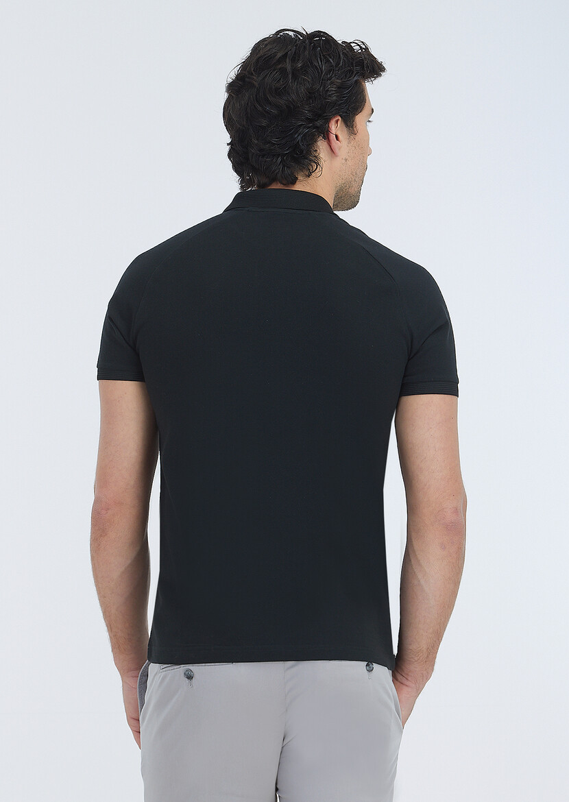 Black Jacquard Polo Neck 100% Cotton T-Shirt - 4