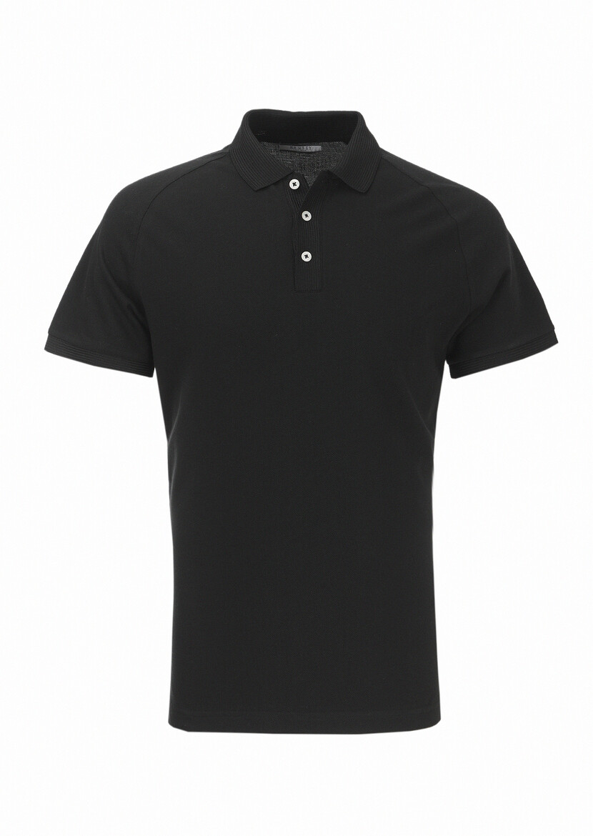 Black Jacquard Polo Neck 100% Cotton T-Shirt - 5