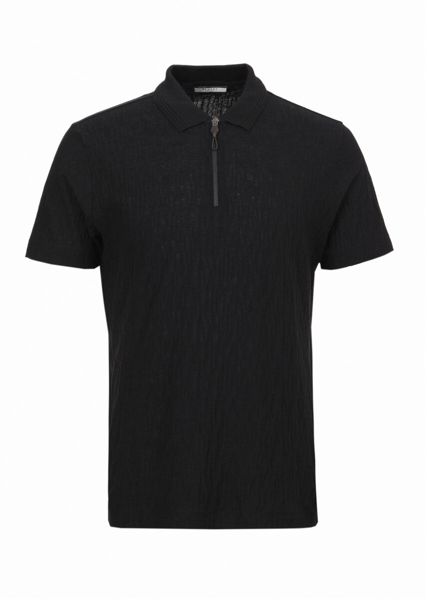 Black Jacquard Polo Neck 100% Cotton T-Shirt - 1