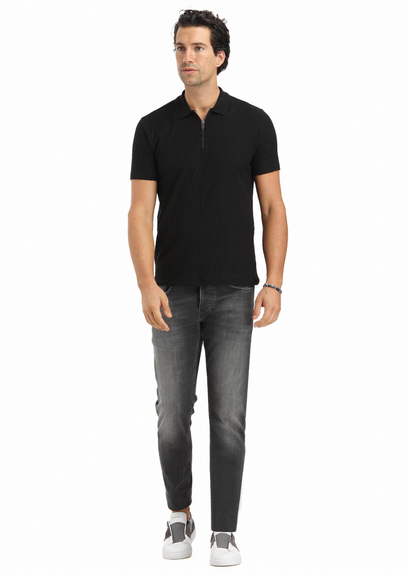 Black Jacquard Polo Neck 100% Cotton T-Shirt 