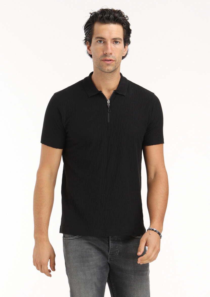 Black Jacquard Polo Neck 100% Cotton T-Shirt - 2