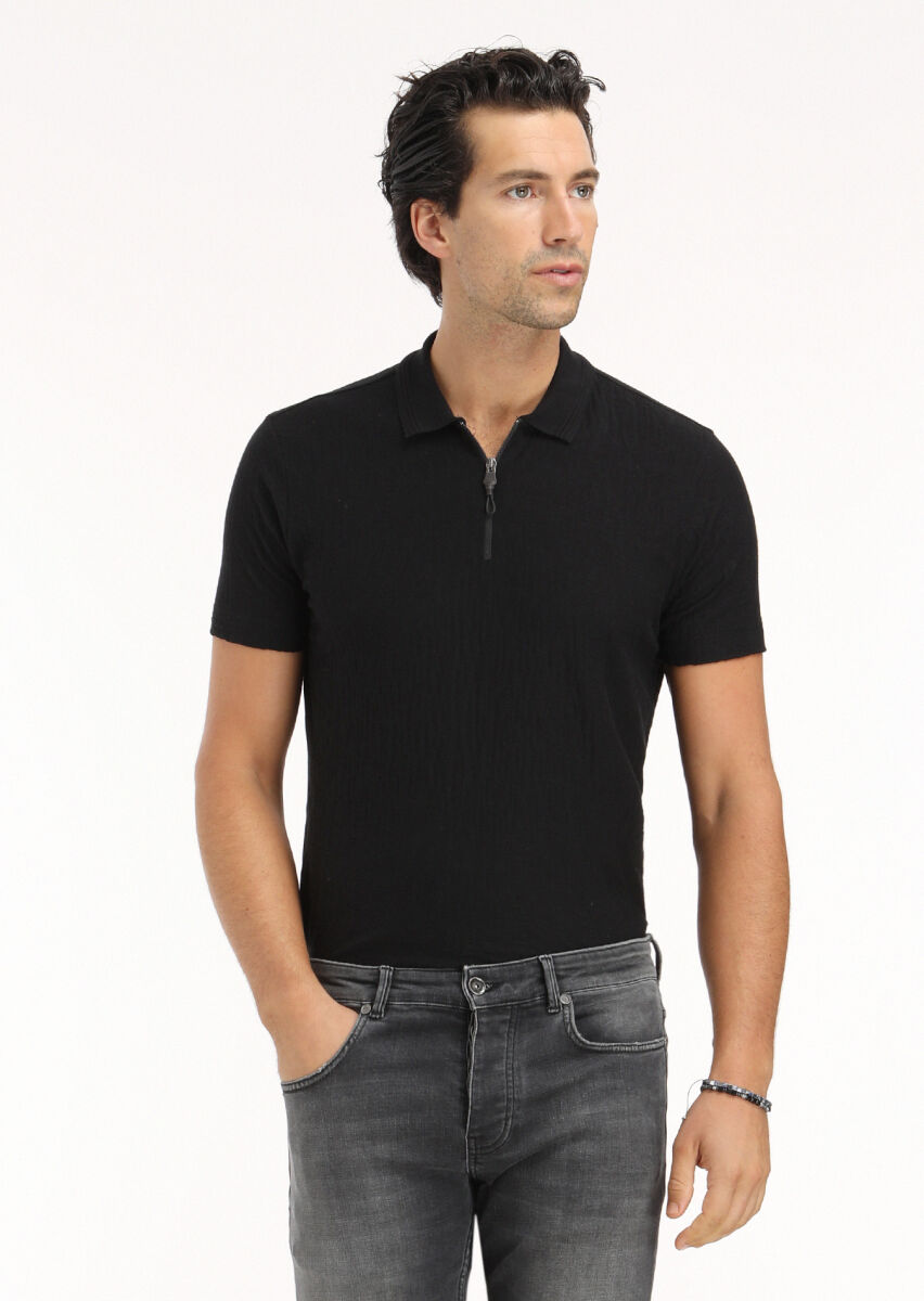 Black Jacquard Polo Neck 100% Cotton T-Shirt - 3