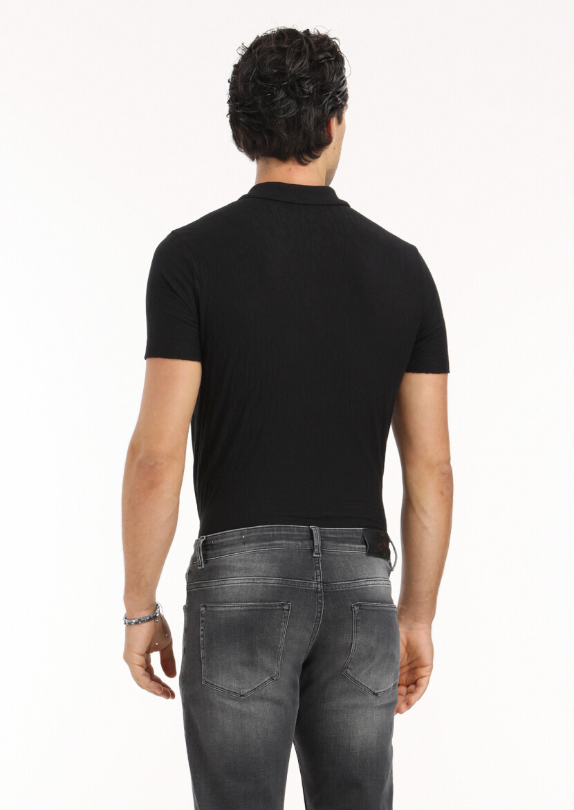 Black Jacquard Polo Neck 100% Cotton T-Shirt - 5