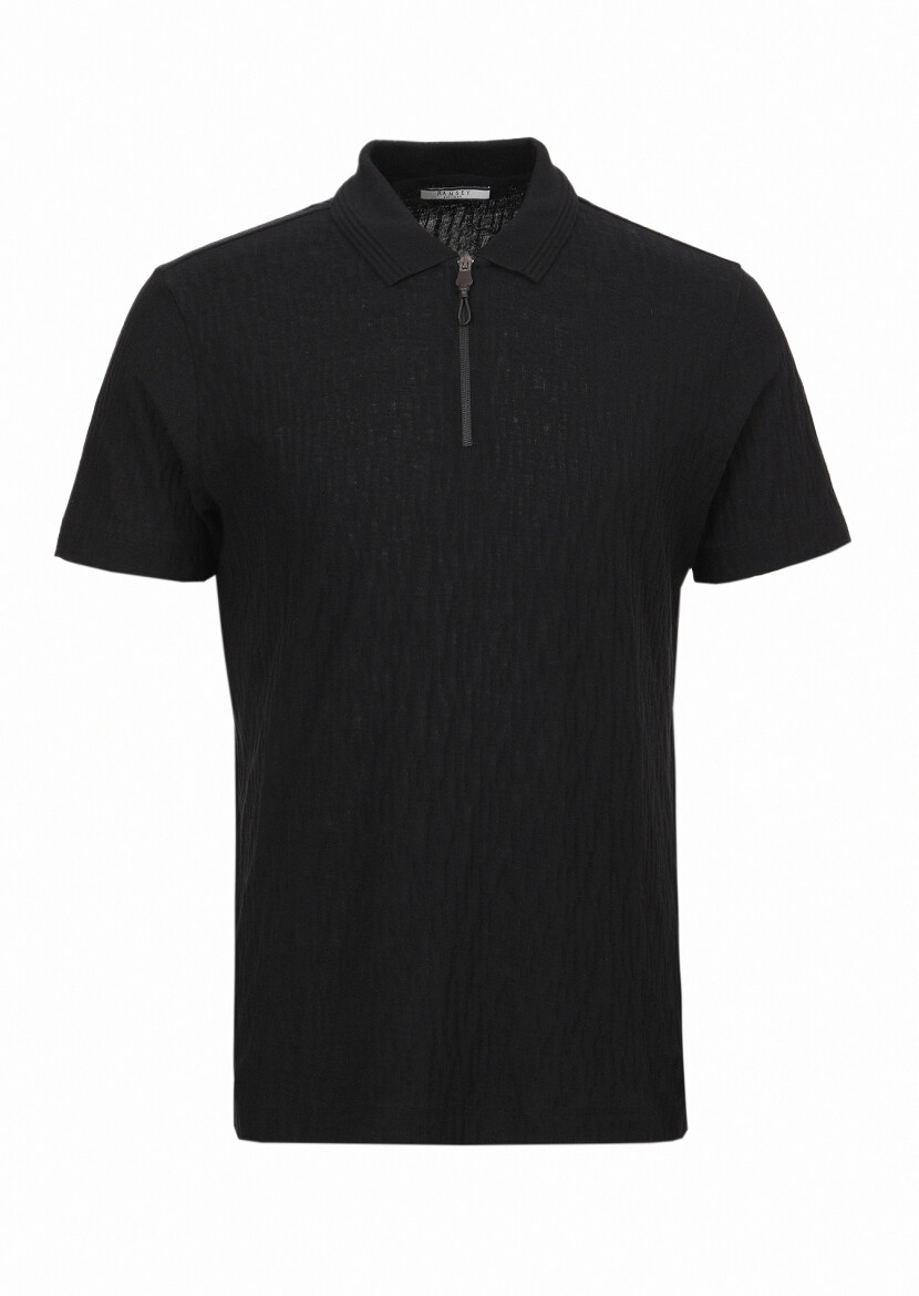 Black Jacquard Polo Neck 100% Cotton T-Shirt - 6