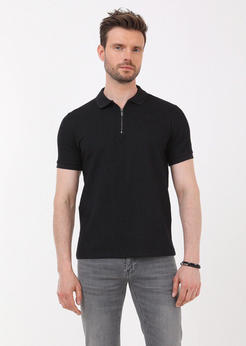 Black Jacquard Polo Neck Cotton Blended T-Shirt - 1