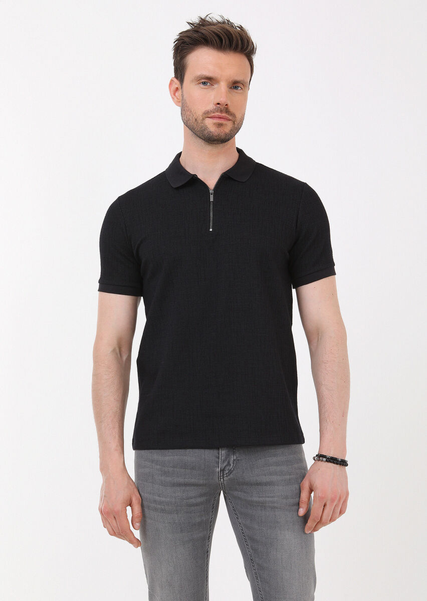 Black Jacquard Polo Neck Cotton Blended T-Shirt - 1