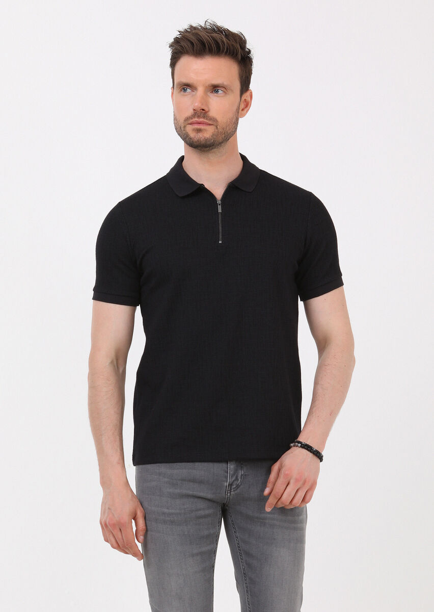 Black Jacquard Polo Neck Cotton Blended T-Shirt - 3