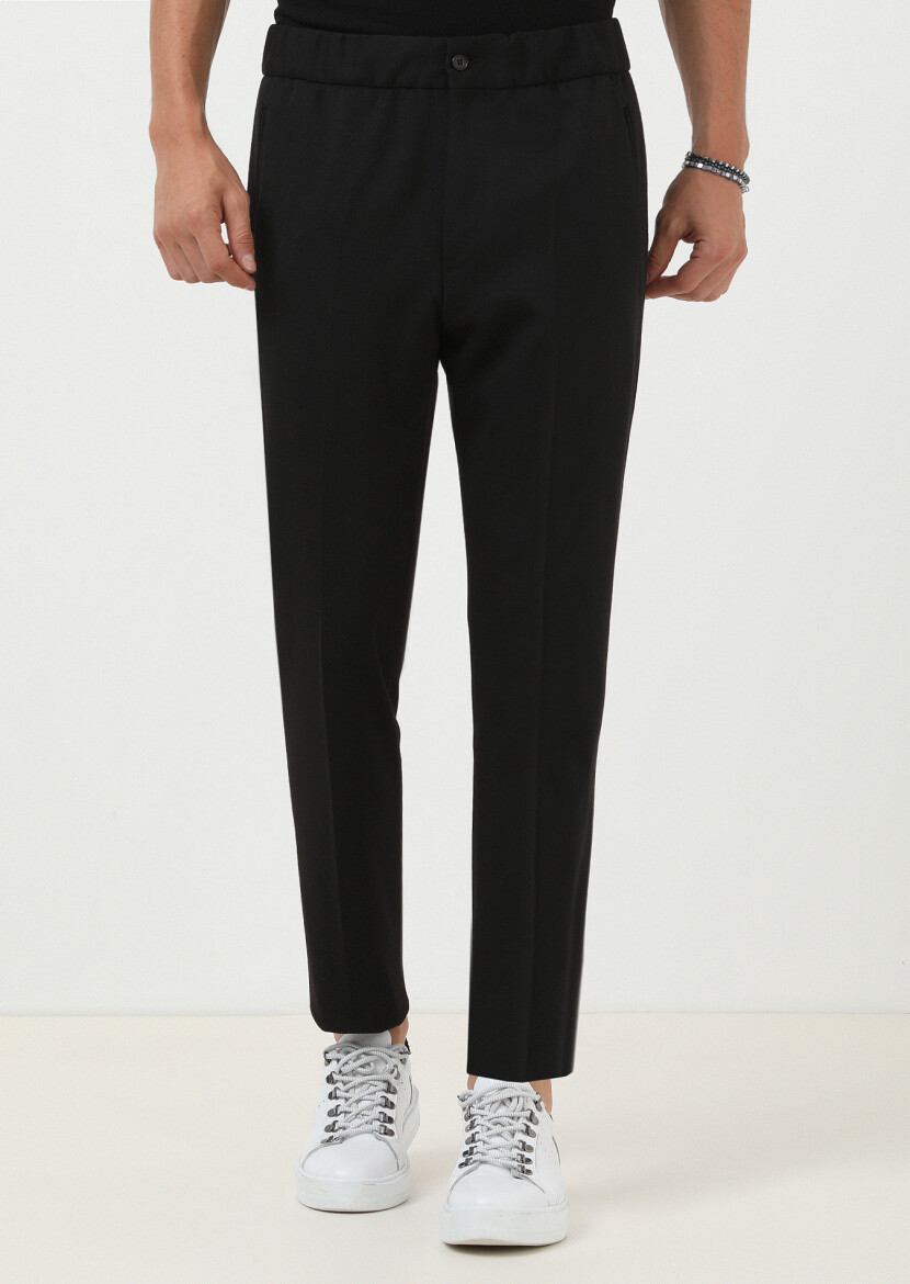 Black Knitting Fitted Fit Casual Trousers - 1