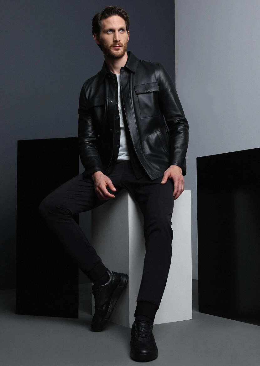 Black Leather Leather Coat - 1